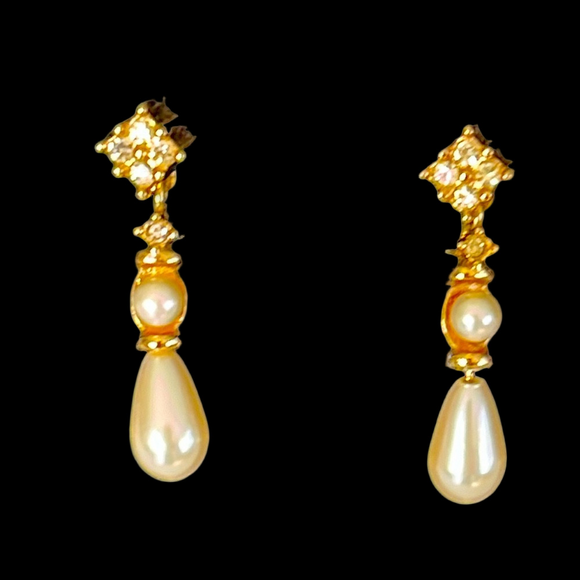 Vintage Gold Pearl & Diamond Dangle Earrings - Picture 1 of 5